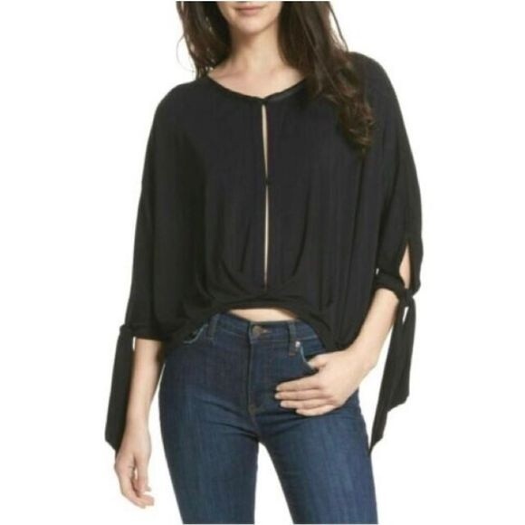 Free People Women's Keepin' On Twist Front Button Tie Sleeve Top Black Size XS - Picture 1 of 11